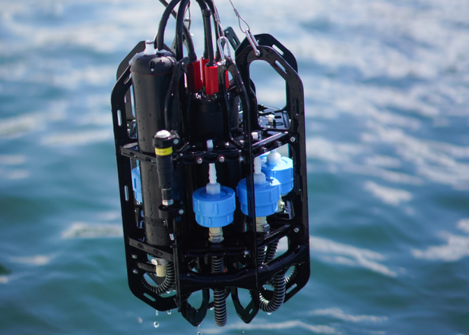 Microplastics depth sampler sits above ocean water