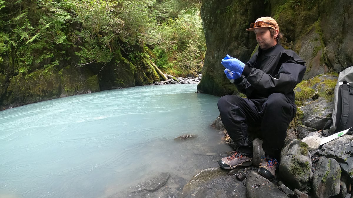 Scientist sits upon a rock at a remote headwater in Olympic National Park prepping filters for an eDNA Sampling