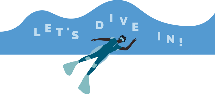 Motif of a scuba diver overtop of a wave with the words "Let's Dive In" written in the wave Motif of a scuba diver overtop of a wave with the words "Let's Dive In" written in the wave
