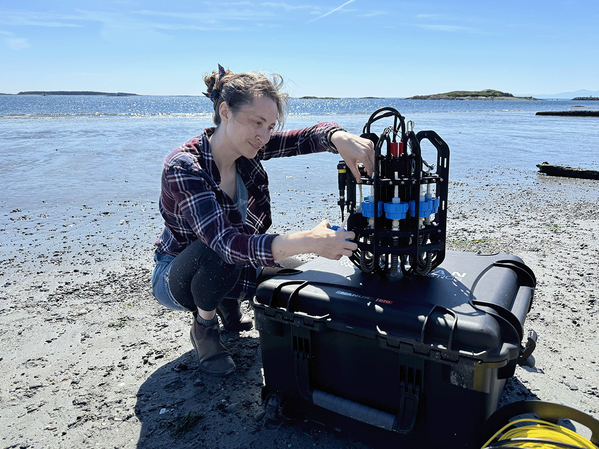 Researcher swaps eDNA and microplastics sampling instrument filter housings on the beach