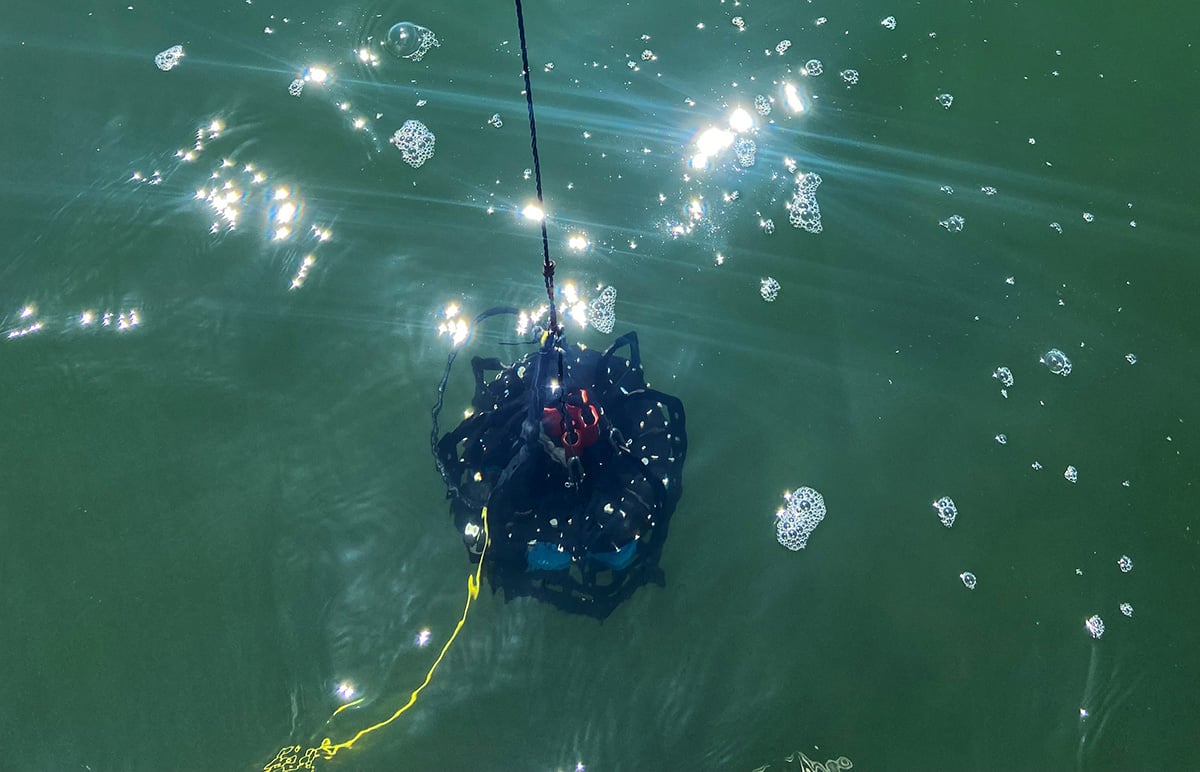Ascension microplastics sampler hovers just under the surface of the Fraser River.