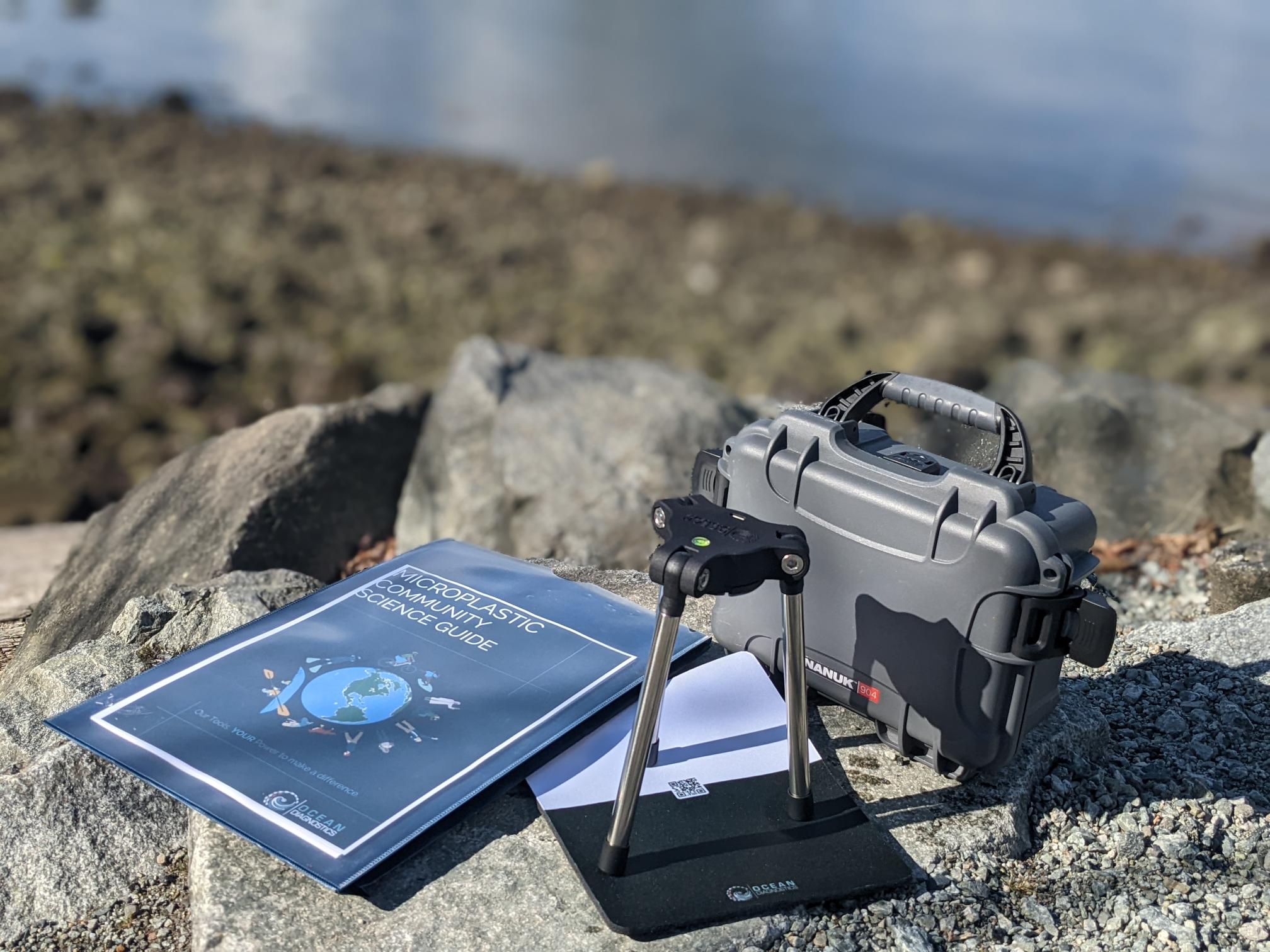 Community Science toolkit and Saturna set up on a beach