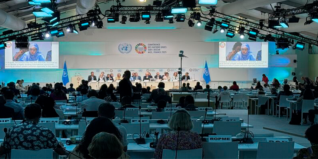 Members of the UN address audiences at UN Ocean Conference in Nice France in June 2025
