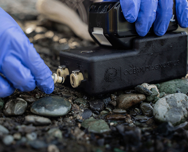 A close up of the eDNA surface sampler as a pair of gloved hands attach the quick-click intake tube